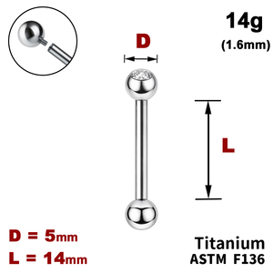 Штанга (барбелл) 14мм з кульками 5мм, одна з яких з Прозорим Кристалом, 14g&nbsp;(1.6мм), Усередині різьблення, ТИТАН