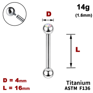 Штанга (барбелл) 16мм з кульками 4мм, одна з яких з Кристалом AB, 14g&nbsp;(1.6мм), Усередині різьблення, ТИТАН