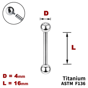Штанга (барбел) 16мм з кульками 4мм, одна з яких з Прозорим Кристалом, Усередині різьблення, ТИТАН