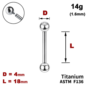 Штанга (барбелл) 18мм з кульками 4мм, одна з яких з Прозорим Кристалом, 14g&nbsp;(1.6мм), Усередині різьблення, ТИТАН