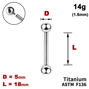 Штанга (барбелл) 18мм з кульками 5мм, 14g&nbsp;(1.6мм), Усередині різьблення, ТИТАН