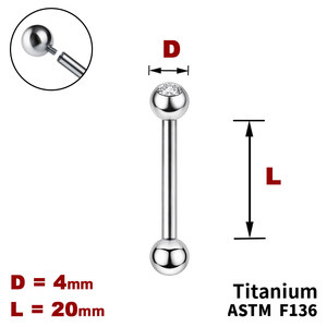 Штанга (барбел) 20мм з кульками 4мм, одна з яких з Прозорим Кристалом, Усередині різьблення, ТИТАН