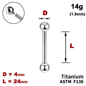 Штанга (барбелл) 24мм з кульками 4мм, одна з яких з Прозорим Кристалом, 14g&nbsp;(1.6мм), Усередині різьблення, ТИТАН