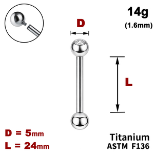 Штанга (барбелл) 24мм з кульками 5мм, одна з яких з Прозорим Кристалом, 14g&nbsp;(1.6мм), Усередині різьблення, ТИТАН