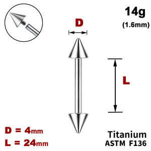 Штанга (барбелл) 24мм з конусами 4мм, 14g&nbsp;(1.6мм), Усередині різьблення, ТИТАН