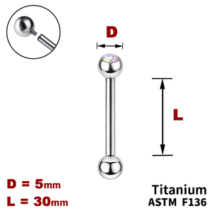 Штанга (барбел) 30мм з кульками 5мм, одна з яких з Кристалом AB, Усередині різьблення, ТИТАН