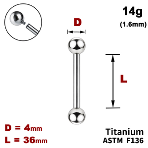 Штанга (барбелл) 36мм з кульками 4мм, 14g&nbsp;(1.6мм), Усередині різьблення, ТИТАН