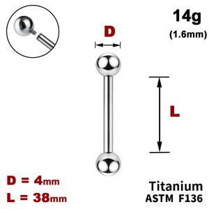 Штанга (барбелл) 38мм з кульками 4мм, 14g&nbsp;(1.6мм), Усередині різьблення, ТИТАН