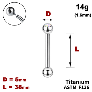 Штанга (барбелл) 38мм з кульками 5мм, одна з яких з Кристалом AB, 14g&nbsp;(1.6мм), Усередині різьблення, ТИТАН