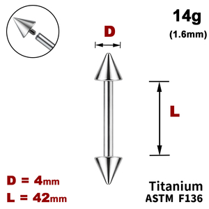 Штанга (барбелл) 42мм з конусами 4мм, 14g&nbsp;(1.6мм), Усередині різьблення, ТИТАН