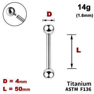 Штанга (барбелл) 50мм з кульками 4мм, 14g&nbsp;(1.6мм), Усередині різьблення, ТИТАН