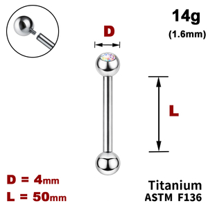 Штанга (барбелл) 50мм з кульками 4мм, одна з яких з Кристалом AB, 14g&nbsp;(1.6мм), Усередині різьблення, ТИТАН