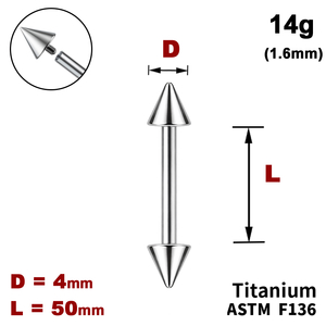 Штанга (барбелл) 50мм з конусами 4мм, 14g&nbsp;(1.6мм), Усередині різьблення, ТИТАН