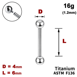 Штанга (барбел) 6мм з кульками 4мм, одна з яких з Прозорим Кристалом, 16g&nbsp;(1.2мм), Усередині різьблення, ТИТАН