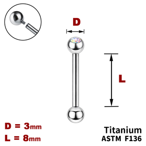 Штанга (барбел) 8мм з кульками 3мм, одна з яких з Кристалом AB, Усередині різьблення, ТИТАН
