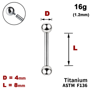 Штанга (барбелл) 8мм з кульками 4мм, 16g&nbsp;(1.2мм), Усередині різьблення, ТИТАН