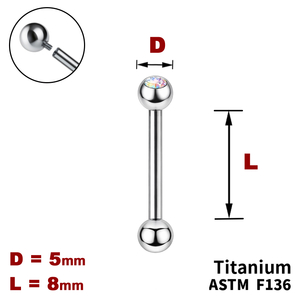 Штанга (барбел) 8мм з кульками 5мм, одна з яких з Кристалом AB, Усередині різьблення, ТИТАН