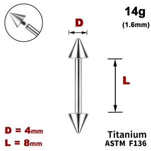 Штанга (барбелл) 8мм з конусами 4мм, 14g&nbsp;(1.6мм), Усередині різьблення, ТИТАН