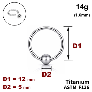 Кільце 12мм, з кулькою 5мм, 14g (1.6мм), ТИТАН