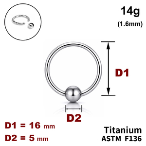 Кільце 16мм, з кулькою 5мм, 14g (1.6мм), ТИТАН