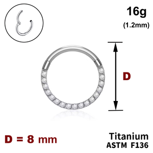 Кільце-клікер 8мм, з кристалами з боків, 16g (1.2мм), ТИТАН
